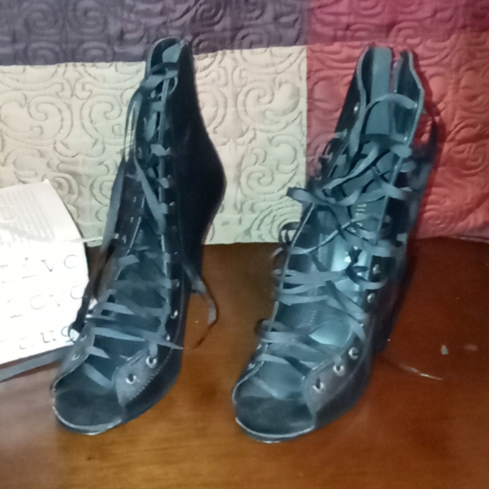 Black silky lace up heels size 7 1/2
